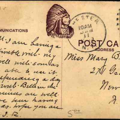 Address side of the "A Section of Greycourt, Chester, N. Y." postcard.: The image displays an old postcard dated January 11, 1909, with a green one-cent stamp featuring Benjamin Franklin. It is addressed to Miss Mary Bernart at 271 Grant St., Newburgh, N.Y. The postmark reads 'Chester N.Y.'. The postcard features handwritten notes expressing the sender's current engagements, health status, and well wishes, with the logo of the Artino Post Card Co., a Native American in traditional headdress.
