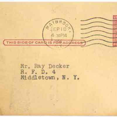 Address side of the "Raymond Gailie Farm auction announcement" postcard.: The image displays a vintage postal card with a slightly yellowed background, featuring a red two-cent U.S. Indicia on the right and a postmark from Maybrook, dated September 18, 4:30 PM, in black ink. A printed red text on the left side instructs that "THIS SIDE OF CARD IS FOR ADDRESS," with the address written in typewritten font to "Mr. Ray Decker, R. F. D. 4, Middletown, N. Y."
