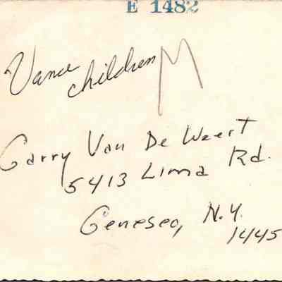 The Vance Children in the horse drawn carriage, donated by Garry Van De Weert, Genesco, NY.: The image shows a handwritten note on the back of the picture with the Vance children.