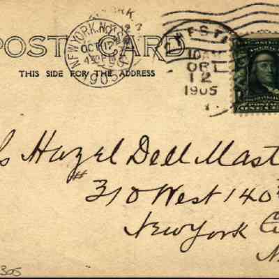 Address side of "St Paul's Episcopal Church, Chester, N.Y." postcard.: This image shows an old postcard marked with a green 1-cent stamp featuring Benjamin Franklin. The postmark indicates it was sent from Chester, New York on October 12, 1905. The handwritten script addresses the card to "Mrs. Hazel Dell Masten" at "310 West 140th, New York City, NY."