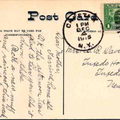 “Catholic Church, Chester. N. Y.” Back: The image depicts a historical postcard featuring a handwritten message on a portion designated for correspondence. The postcard is marked with a postmark from December 4, 1915, at 1 PM, originating from Chester, NY. On the right side, the recipient's address is visible, indicating that the card was sent to Mrs. B.B. Davenport at Tuxedo Hospital in Tuxedo Park, New York. The corner bears a one-cent U.S. postage stamp, featuring Benjamin Franklin's profile in green.