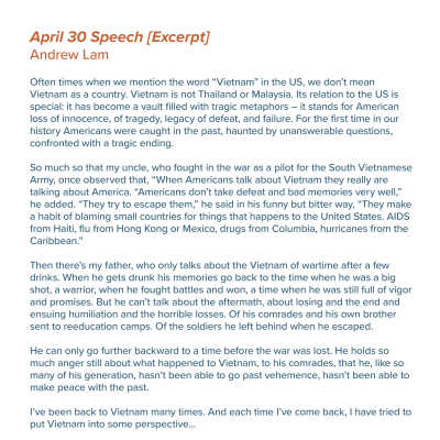 April 30 Speech (Andrew Lam Excerpt)