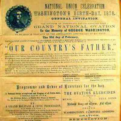 Booklet: "National Union Celebration Washington's Birthday, 1856", white paper with blue ink. View of George Washington in upper left corner