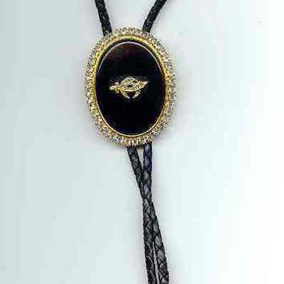 Jewelry: Bolo tie with Shrine emblem. Black with gold emblem and gold rim
