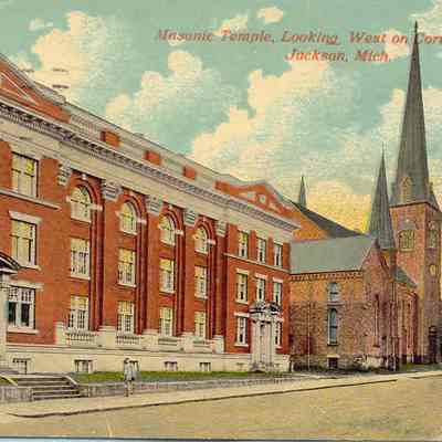 Postcard: Masonic Temple, Jackson, Michigan. Postmarked August 8,m 1917. From a collection of photos of Masonic Temples, collector unknown
