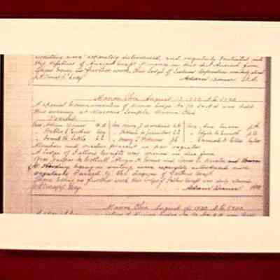 Minutes: Copy of the minutes from Marion Lodge #70 showing "Warren G. Harding" being passed to the degree of Fellowcraft. Dated August 30, 1920. Laminated.