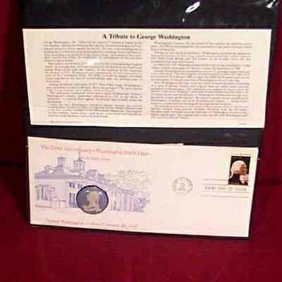 Stamp: Stamp with envelope. First Day issue Commemoration of the 250th Anniversary of the birth of George Washington, dated February 22, 1982