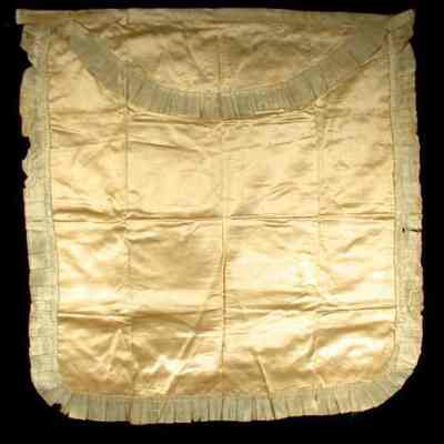 Apron: White silk with sky blue silk edge. 15" x 16" round bottom