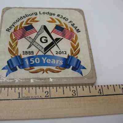Coaster: Reynoldsburg Lodge #340 F&AM celebrating their 150th year anniversary, 1862 to 2012.