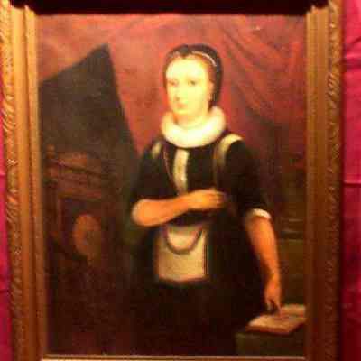 Painting: Framed of Elizabeth Aldworth 1693-1773. According to legend she hid and observed the first two Degrees on Masonry. After being caught she was admited to the Fellowcraft degree. Additional information in the source binder