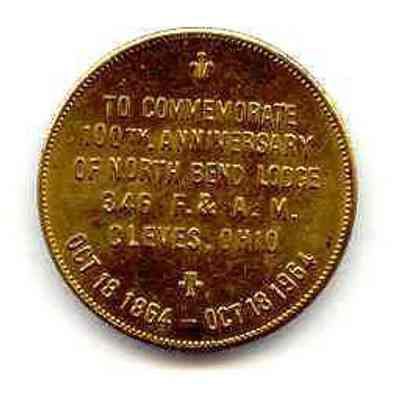 Coin: 100th Anniversary North Bend Lodge #346, Cleves, Ohio, dated October 18, 1854-October 18, 1954