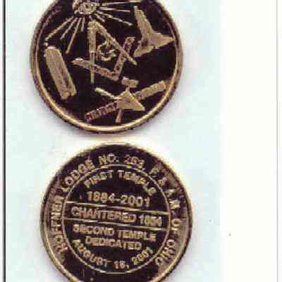 Coin: Dedicating the second temple of Hoffner Lodge #253 dated August 18, 2001. Gold color