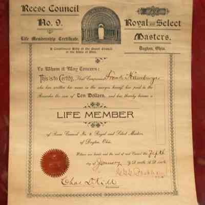 Certificate: Life Member Certificate of Frank Hamburger, Reese Council #9, R.S.M., dated January 6, 1906