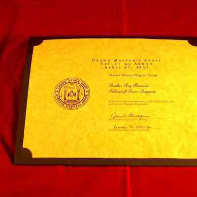 Certificate: Sample of the certificate presented to each Mason a member of the Degree Team for the One Day Class by the Valley of Akron.