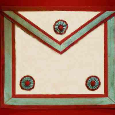 Apron: From Scotland, origin unknown. White leather with burgandy and blue trim, burgandy back. Badly stained