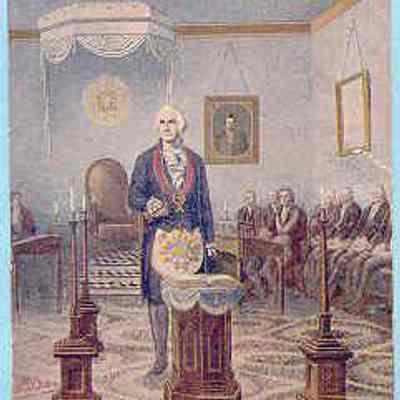 Postcard: A representation of George Washington residing at the alter in his lodge.