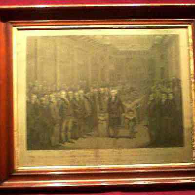 Print: Lithograph of George Washington with a group of distinguished Masons