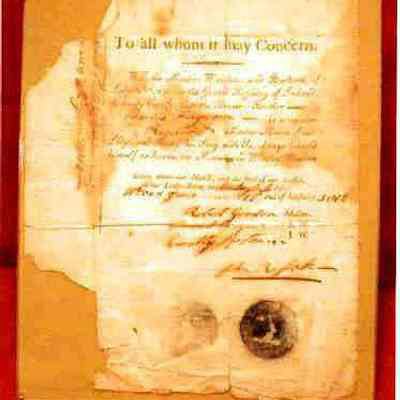 Certificate: Certificate of Bro. Charles Ferguson, from Hallaglals Lodge #696. 7 1/2" x 9" dated 11 day of June 1812 with Lodge Seal #696