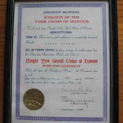 Certificate: Knight York Grand Cross of Honour certificate, issued to Aaron Hard, Jr. on October 4, 1983. Certificate is in a 12" x 9 1/2" black plastic frame.