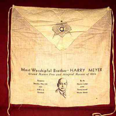 Apron: CLoth apron for the reception of M.W.B. Harry Meyer, 22nd District, dated May 13, 1939. ith picture of Harry Meyer on body.