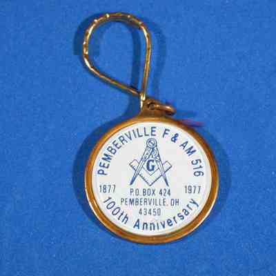 Key Chain: 100th anniversary of Pemberville Lodge #516, 1877-1977. Brass with white face