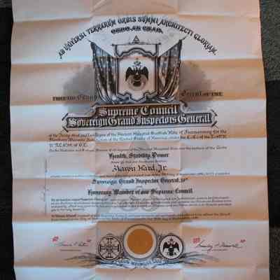 Certificate: Supremem Council certificate honoring Aaron Hard Jr. as an Honorary member. 20 1/2" x 16". Certificate is in a black simulated leather pouch. On the pouch printed in gold "Supreme Council 33 Degree A.A.S.R. Northern Masonic Jurisdiction U.S.A."