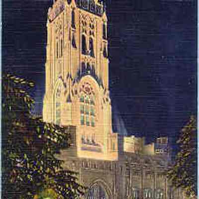 Postcard: Scottish Rite Cathedral, Indianapolis, Indiana, at night.
