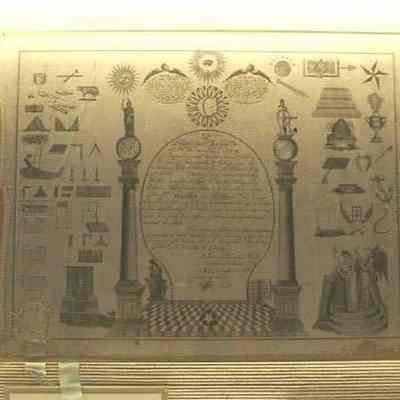 Certificate: Master Mason certificate belonging to Bro. Joseph B. Covert, December, 1834. 16 1/2 x 13", pale blue with Masonic seal in lower left corner