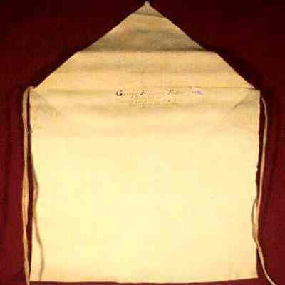 Apron: White leather apron belonging to George Harison Foster, Marino Lodge #70. Only initiation date recorded, Septembetr 14, 1900