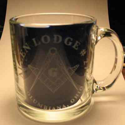 Glass: Sesquicentenial clear glass mug from Allen Lodge No. 276, Columbiana, Ohio. Etched on mug is Square & Compass, Allen Lldge nO. 276. ON other side "150th Anniversary 1855-2005"