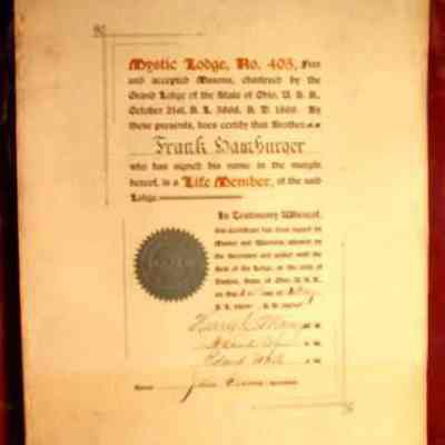 Certificate: Certificate of Frank Hamburger, Mystic Lodge #405, dated May 24, 1904