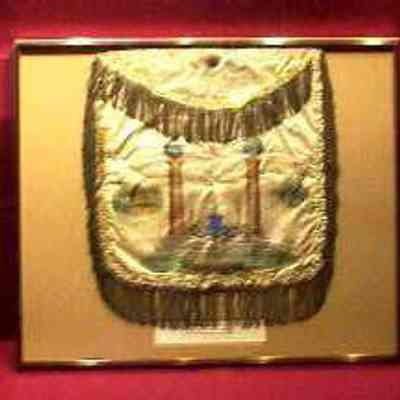 Apron - Printed white silk believed to have been brought to the United States from England in 1823. Framed. 15'x14' decorated front