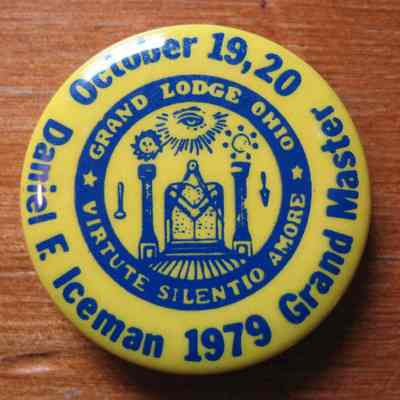 Badge: Grand Masters Badge, Daniel E. Iceman, October 19,20, 1979. Yellow and blue. 1 1/4" diam.