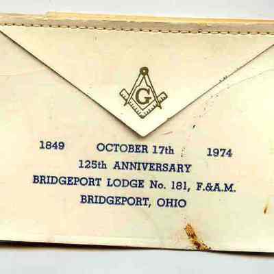 Apron: Small leather apron commemorating the 125th Anniversary of Bridgeport Lodge #181, Bridgeport, Ohio. Dated 1849 to October 17, 1974