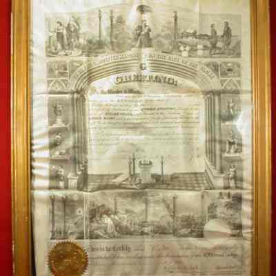 Certificate: Diploma issued by the Grand Lodge of Ohio for Vinton Lodge #131 to a member of their Lodge. Framed, in poor condition
