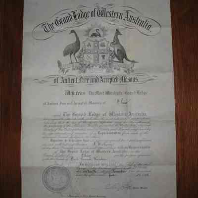 Certificate: Document establishing I. W. Moore Representative of the Grand Lodge of Western Australia to the Grand Lodge of Ohio. November 16, 1905. Stron cream colored paper or it could be vellum or maybe drafting linen? 20 3/4" x 16 3/4". Additional information in Source Binder.