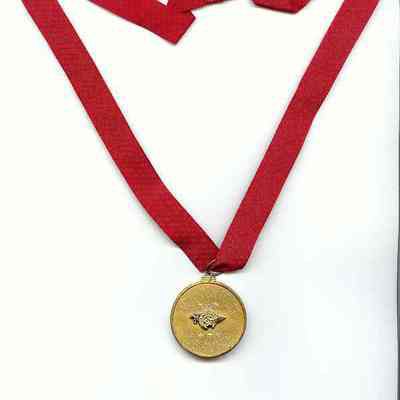 Medal, Commemorative: Meritorious Service medal presented to James Harbage by the Potentate of Aladdin Shrine in 1959. GOld colored medal with red ribbon