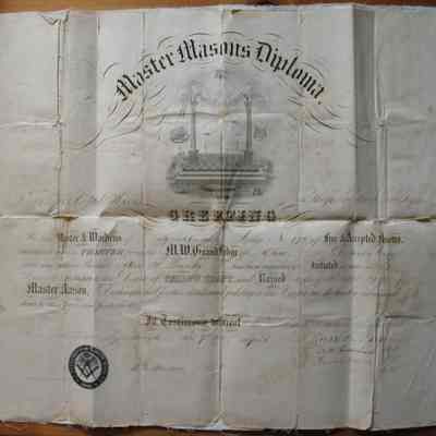 Diploma: Issued to Bro. Allne S. Bundy from Lynchburg Lodge No. 178, April 7th, 1853. The diploma has been glued to a piece of fabric.