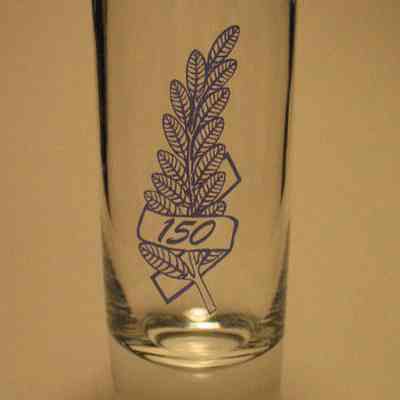 Glass: Sesquicentennial shot glass, Benjamin B. French Lodge No. 15, Washington, D.C. 4 1/8" high, 1 1/2" diam. Stamped in blue with a sprig of acacia and a 150 year banner.