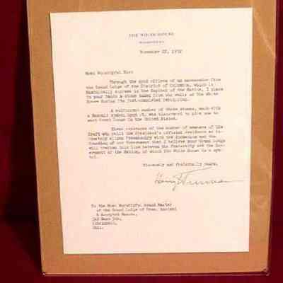 Letter; From President Harry Truman to the Most Worshipful Grand Master of F. & A. M. of Ohio, 319 East 5th St., CIncinnati, Ohio, dated November 22, 1952. RE: stone takedn from the White House during the remodeling in 1952 making reference to the Masonic marking found on it.