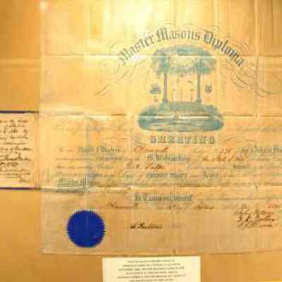 Diploma: Master Mason diploma issued to R. A. Fulton, September 16, 1861. 15 1/4" x 16 1/2". Paper is parchment type and folds into a book. Has Amesville seal