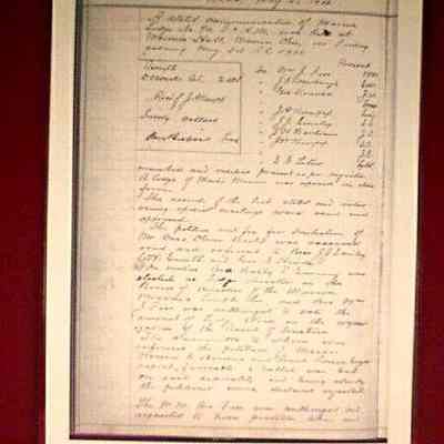 Minutes: Copy of minutes from Marion Lodge #70 showing that the ballot of Warren G. Harding was cloudy. He was rejectd. Dated May 3, 1901. Laminated