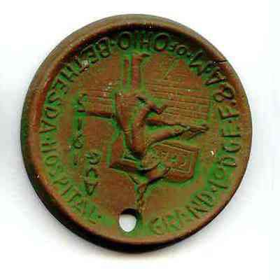Coin: Commemorating the cornerstone laying Bethesda Hospital, Zanesville, Ohio, dated August, 1915. 2 1/4" dian. Ceramic