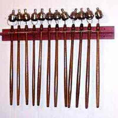 Torches: Fellowcraft Degree Team torches with rack, set of 12. Walnut staffs, chrome tops