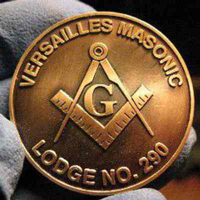 Coin: Versailles Masonic Lodge No. 290, embossed lettering and Square and Compass on the front. On the back "Celebrating 150 years, 1857-2007" Anitque bronze, 1 1/4" diam.