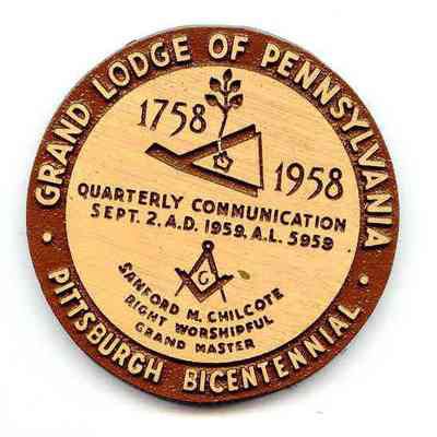 Coin/Medal: Grand Lodge of Pennsylvania, Pittsburgh Bicentennial, 1758-1958. 3 1/8" dia.
