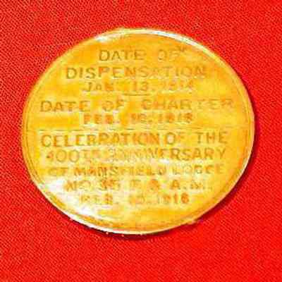 Metal Coin - 100th Anniversary of Mansfield Lodge #38 F. & A.M., 1818-1918