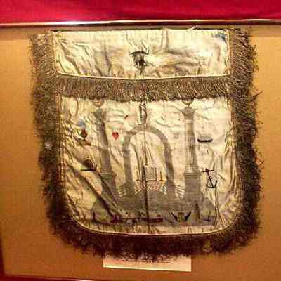 Apron - Silver & White Grand Lodge of Scotland, framed. Printed silk apron belonging to David Hunter who recieved his degrees in Blair Dairy Lodge No. 290 in Scotland in 1868.