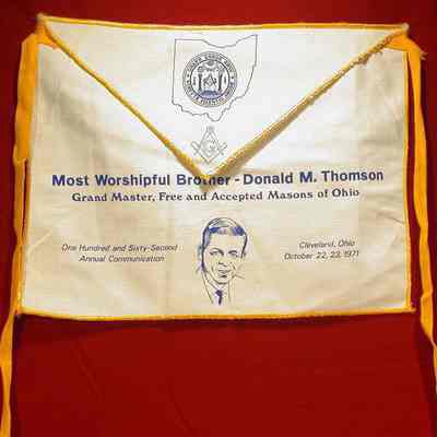 Apron: 162nd Annual Communication of the Grand Lodge of Ohio, October 22-23, 1971, Cleveland, Ohio. Picture of Donald M. Thomson