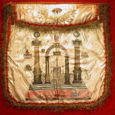 Apron - White silk, red and gold fringe and lining belonging to David Hunter, a member of Blair-Dairy Lodge #290, Scotland, 1868. 15 1/2" x 16 1/2" decorated front, All Seeing Eye on Flap